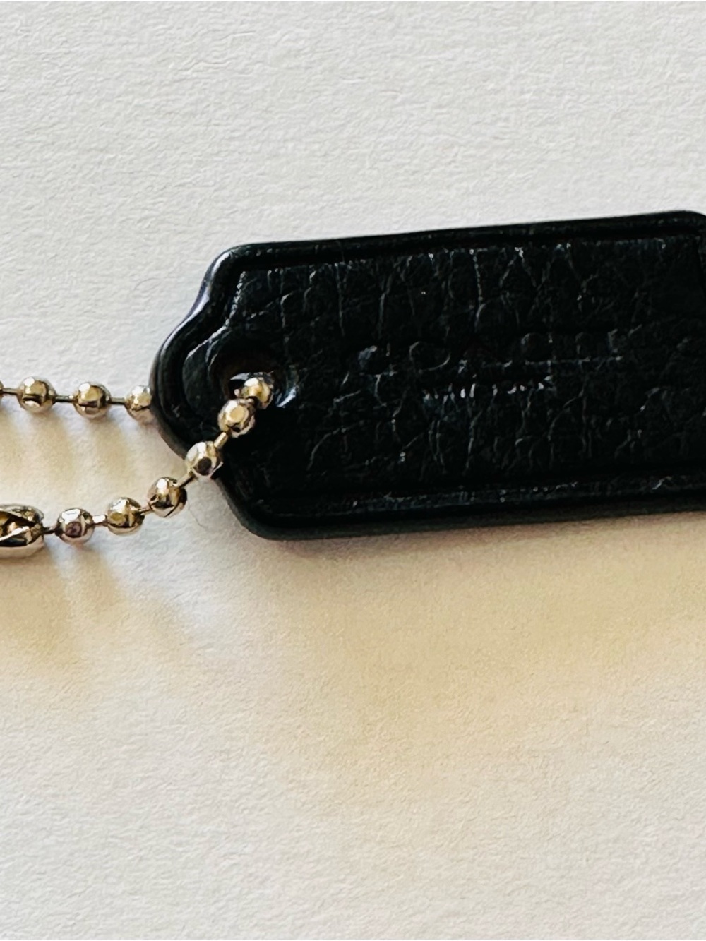 Coach Black Leather Dog Tag Keychain with Silver Ball Chain